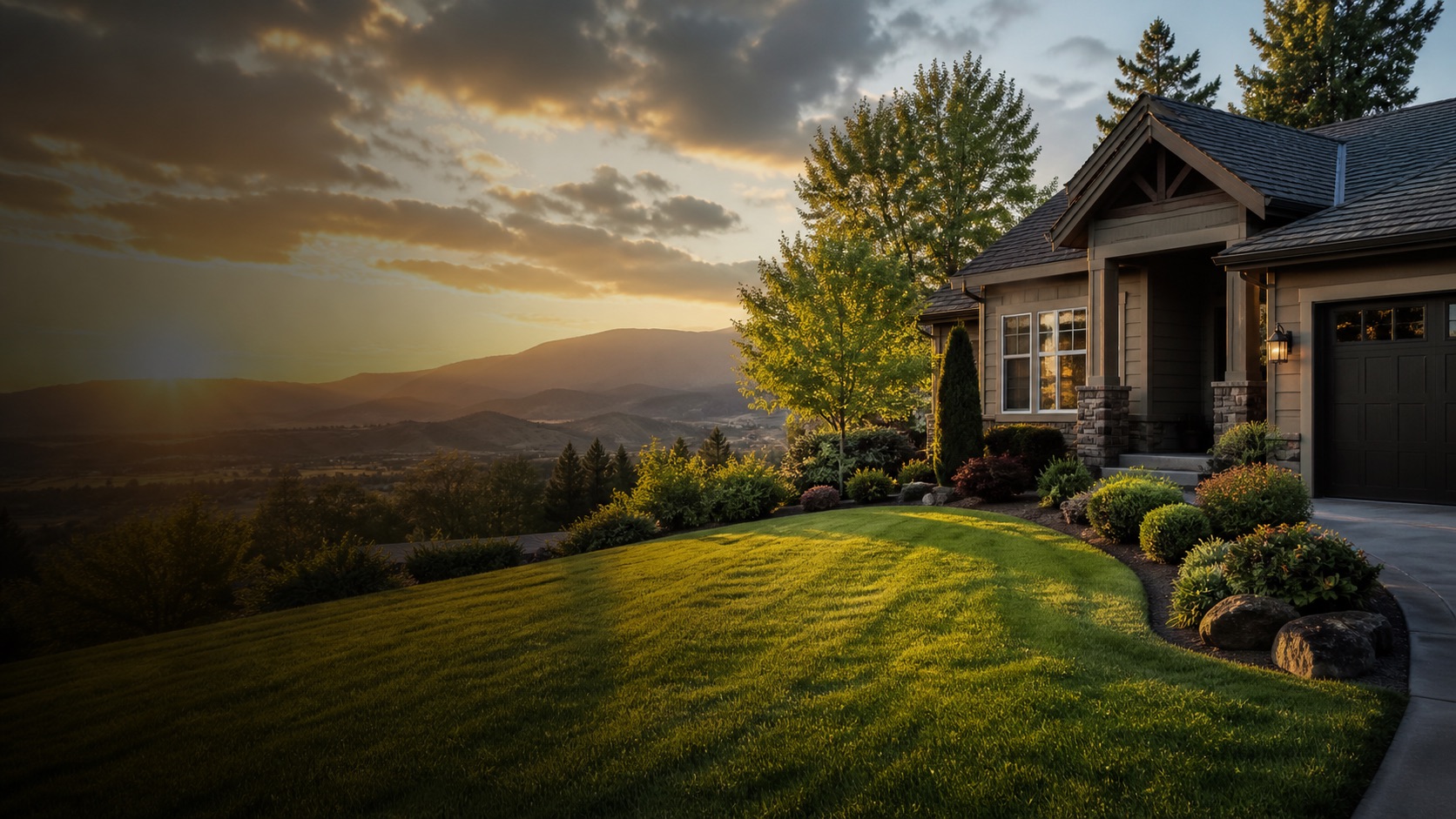 Freshly maintained Southern Oregon lawn and home exterior at golden hour